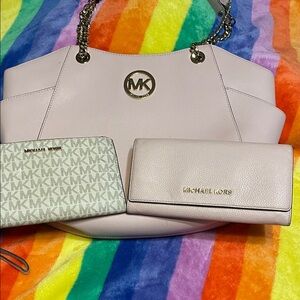 Michael Kors Light Pink Shoulder Bag and 2 wallets set